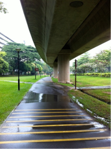 這是輕軌下的自行車道，旁邊有小分叉通到住宅樓里和人行道
